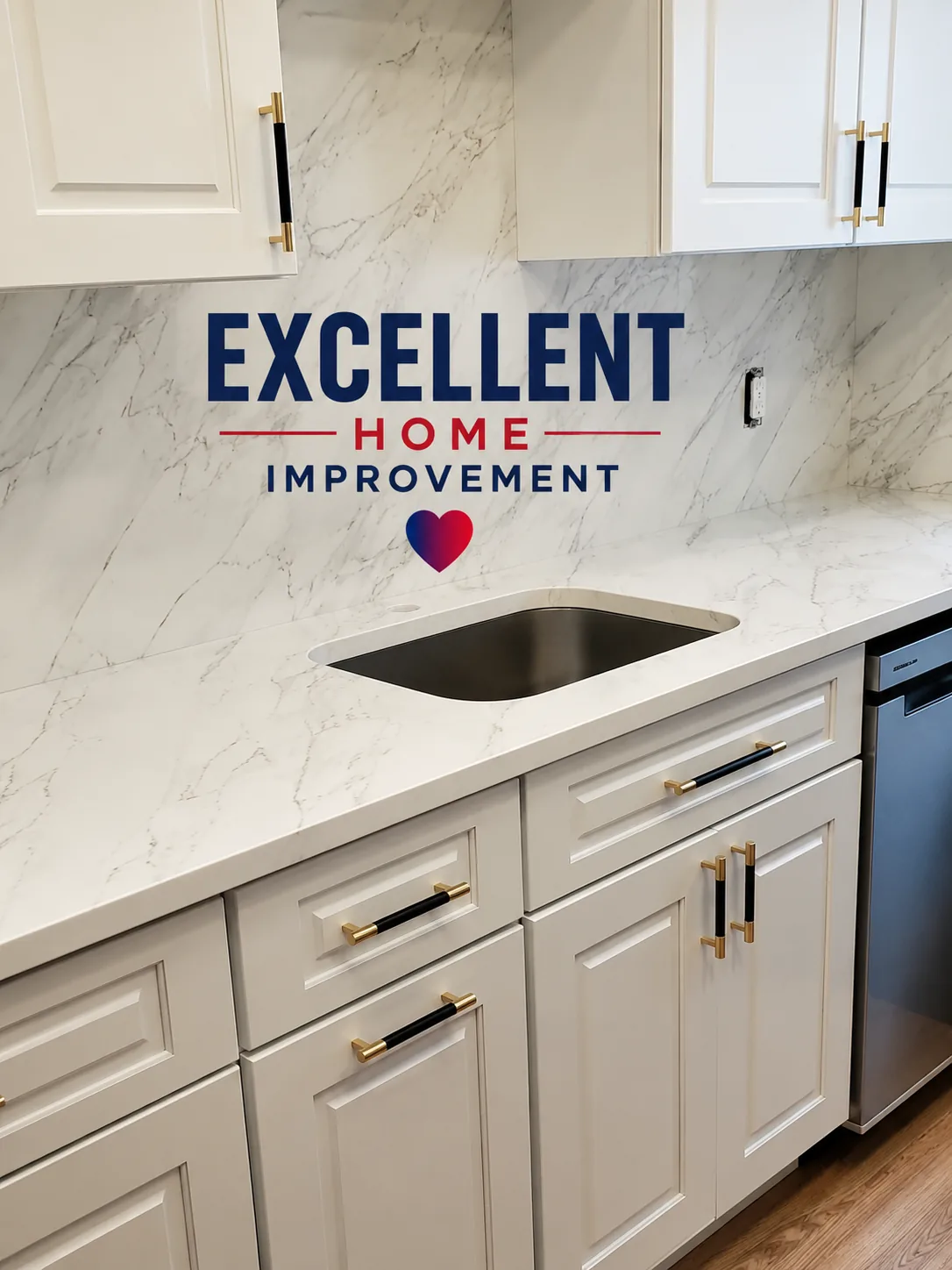 Renovated NYC kitchen with marble backsplash, gold hardware and quartz counters