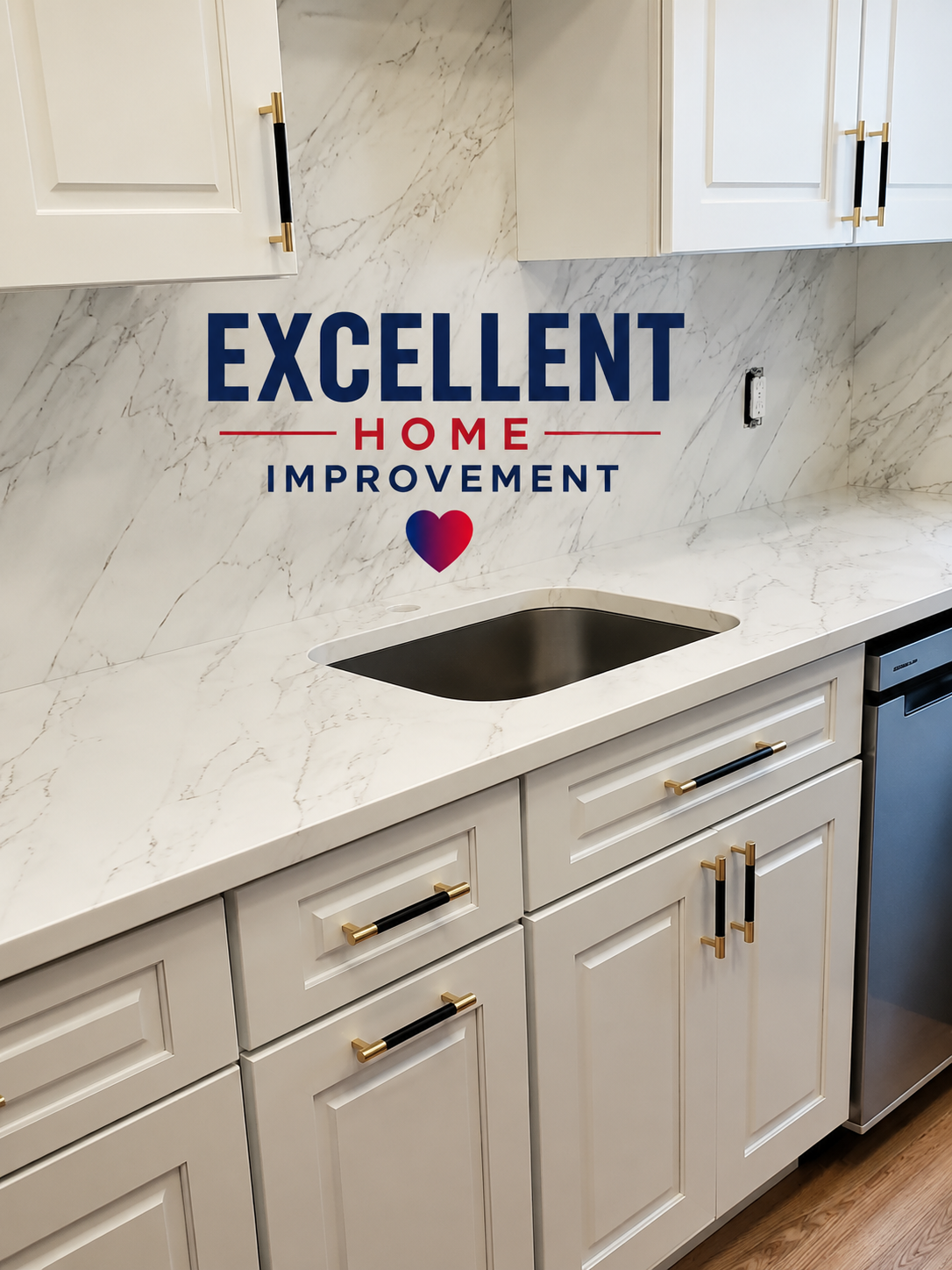 Renovated NYC kitchen with marble backsplash, gold hardware and quartz counters