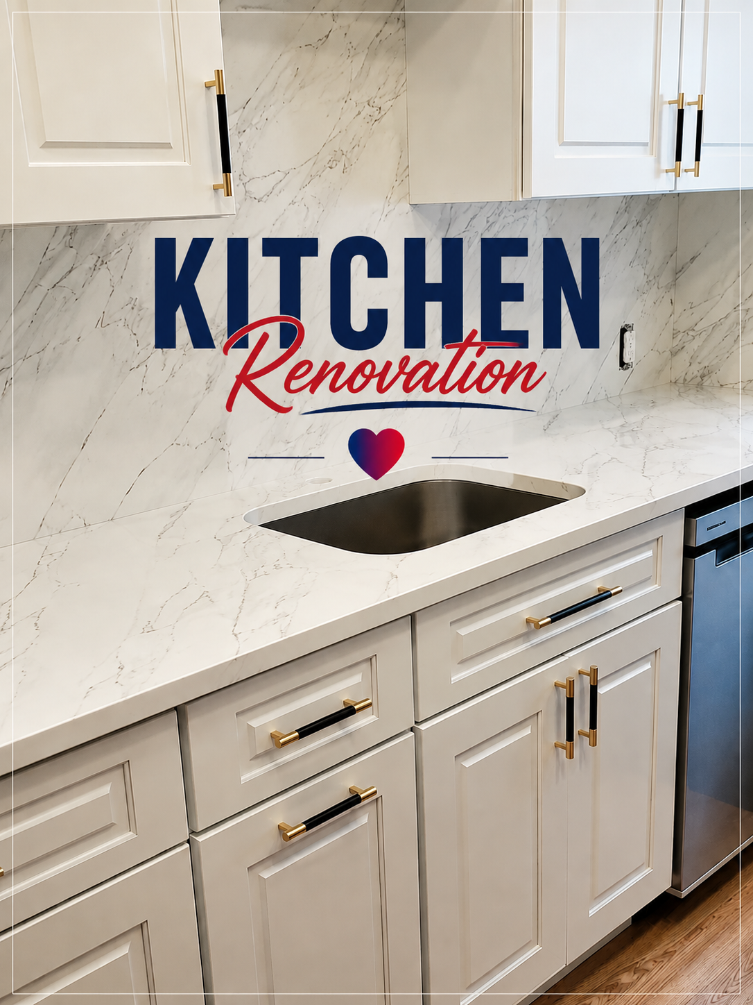 Custom white shaker kitchen with marble quartz countertop and undermount sink, NYC renovation