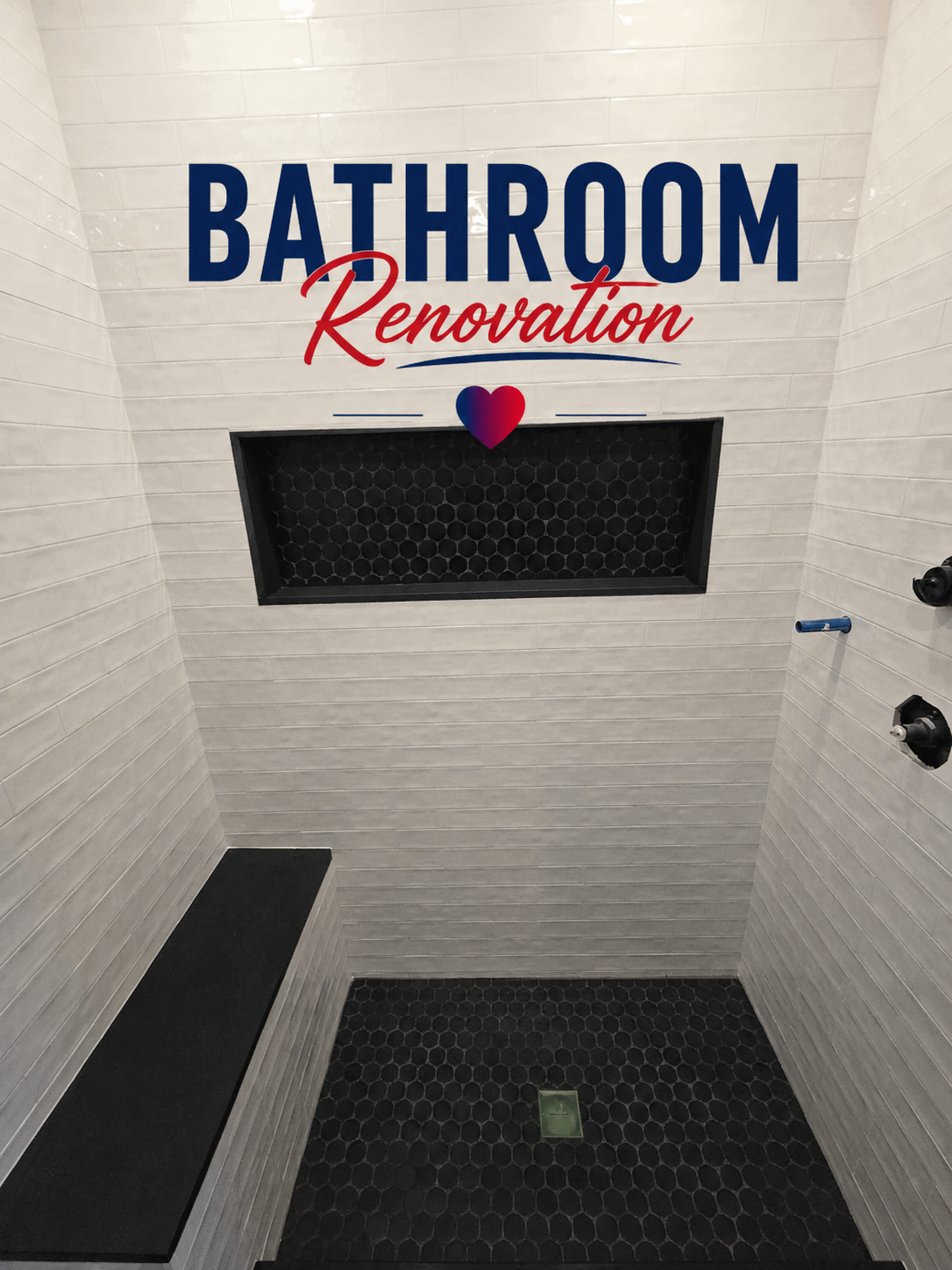 Tiled walk-in shower with black hexagon floor tile and built-in niche, NYC bathroom renovation