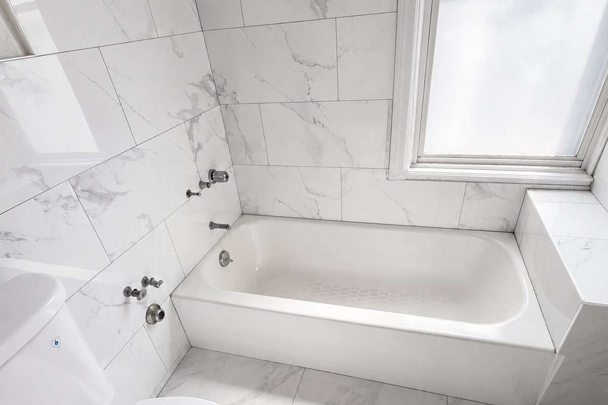 After: completed Pelham Bay Bronx bathroom with marble-look wall and floor tile, refinished alcove tub and chrome fixtures