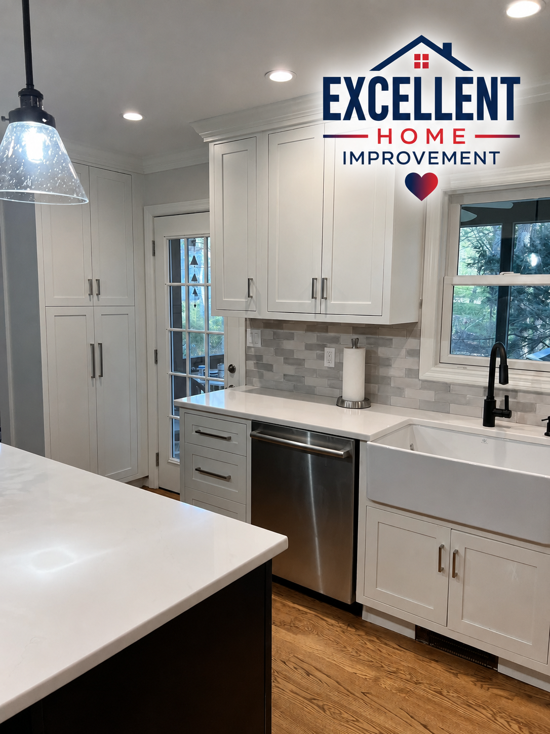 Kitchen renovation with farmhouse sink, quartz island and shaker cabinetry
