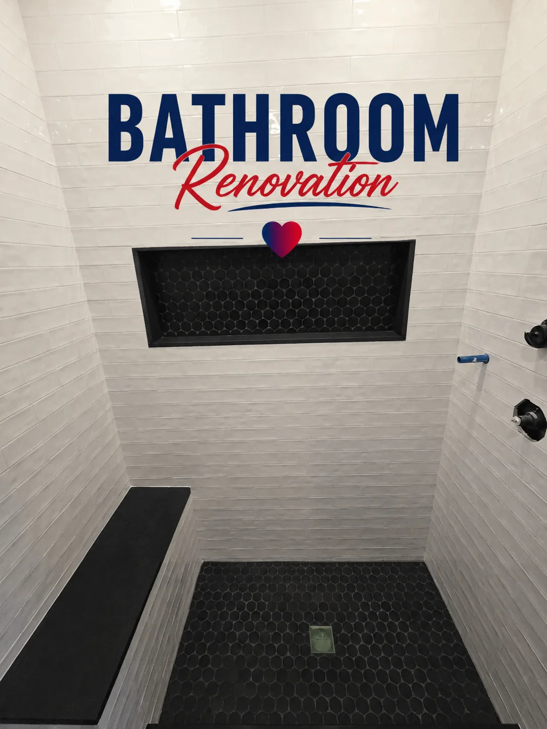 Tiled walk-in shower with black hexagon floor tile and built-in niche, NYC bathroom renovation