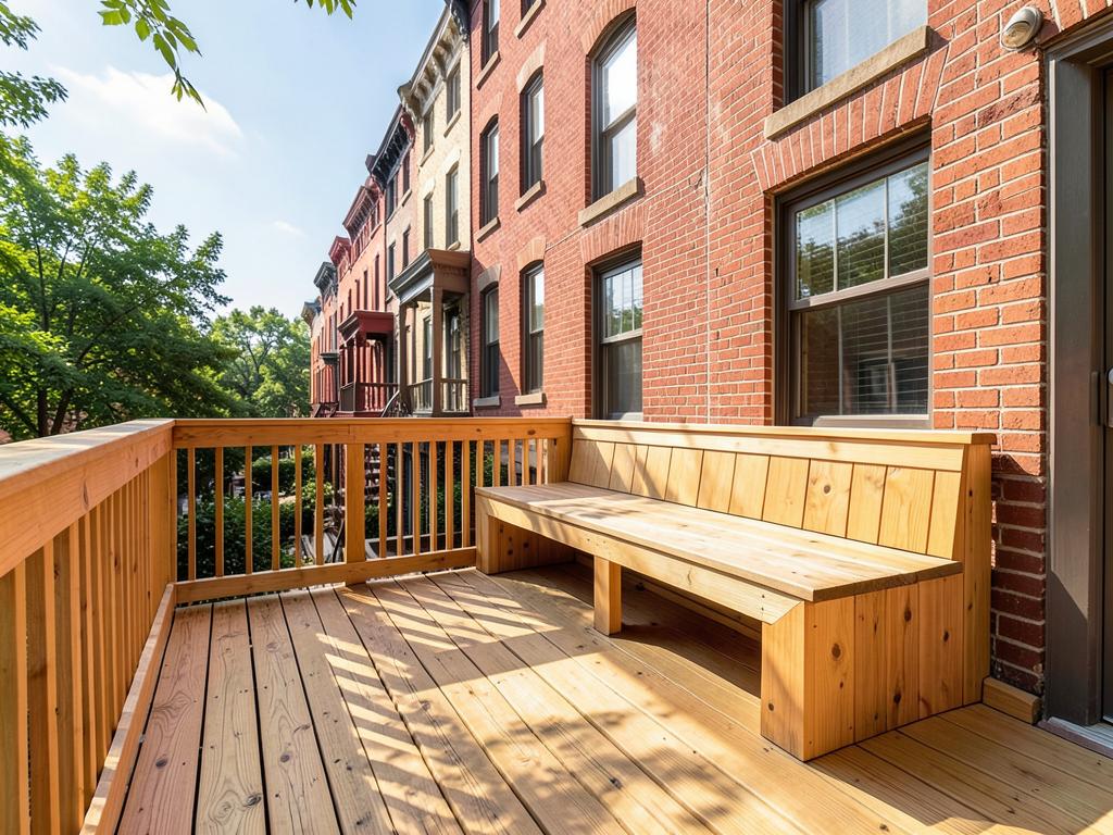 Custom cedar deck with built-in bench behind a Bronx brick row house