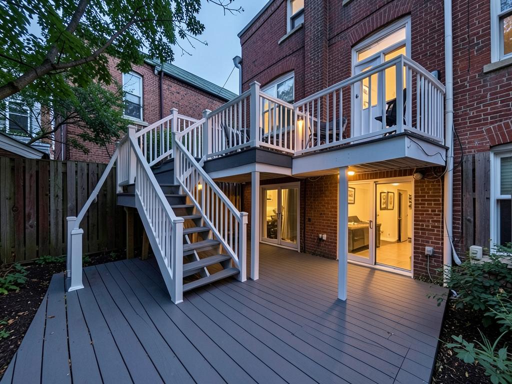 Two-level charcoal composite deck with stairs and white railings in a Bronx backyard