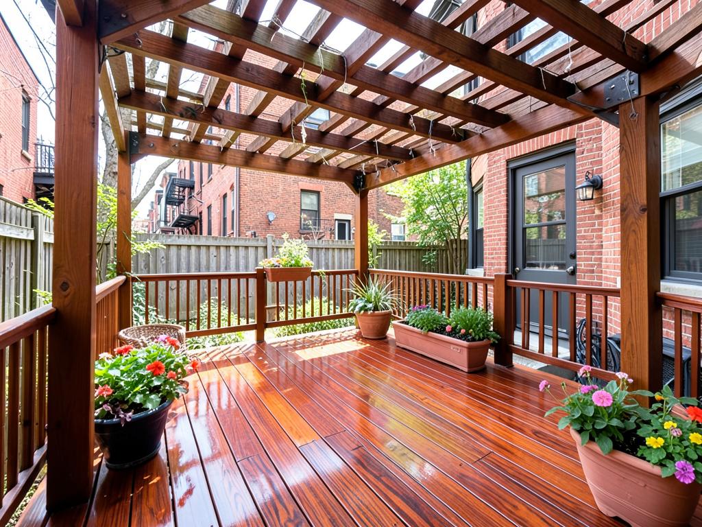 Freshly stained mahogany deck with wooden pergola and planters in a Bronx townhouse yard