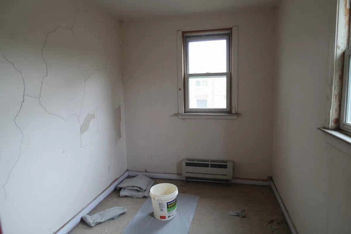 Before: cracked plaster walls and exposed studs in a Bronx apartment before drywall installation in New York