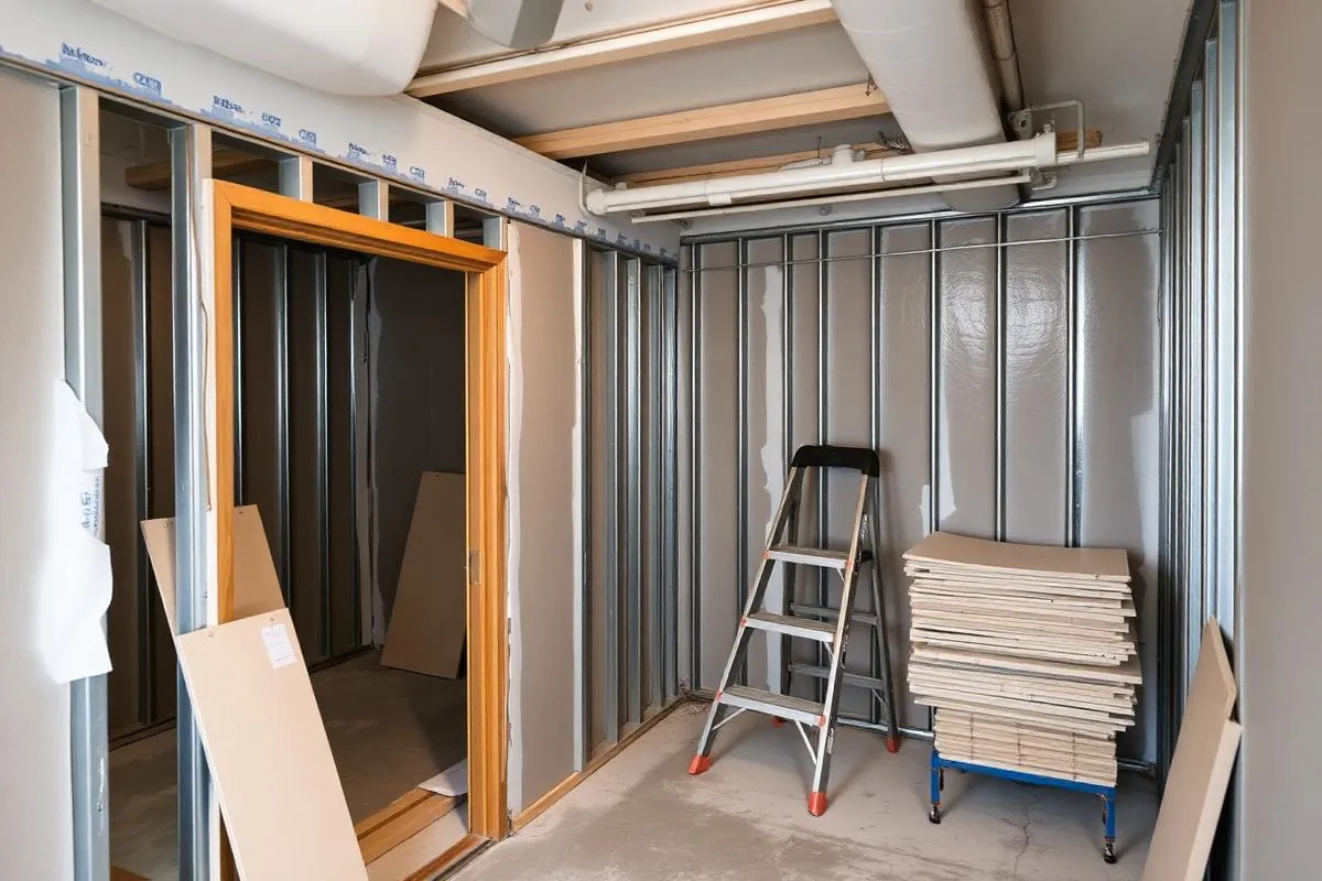 Before: metal stud framing and unfinished drywall sheets in a New York commercial office build-out