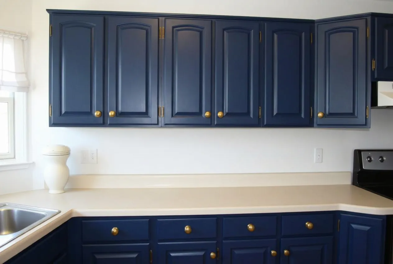 After cabinet painting: Yonkers kitchen cabinets sprayed navy blue with brass hardware by Westchester cabinet refinishing contractors