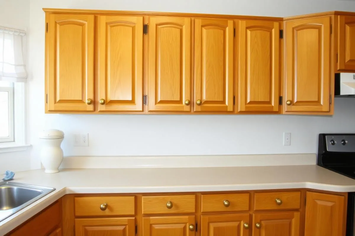 Before cabinet painting: dated honey oak kitchen cabinets with brass knobs in a Yonkers Westchester kitchen