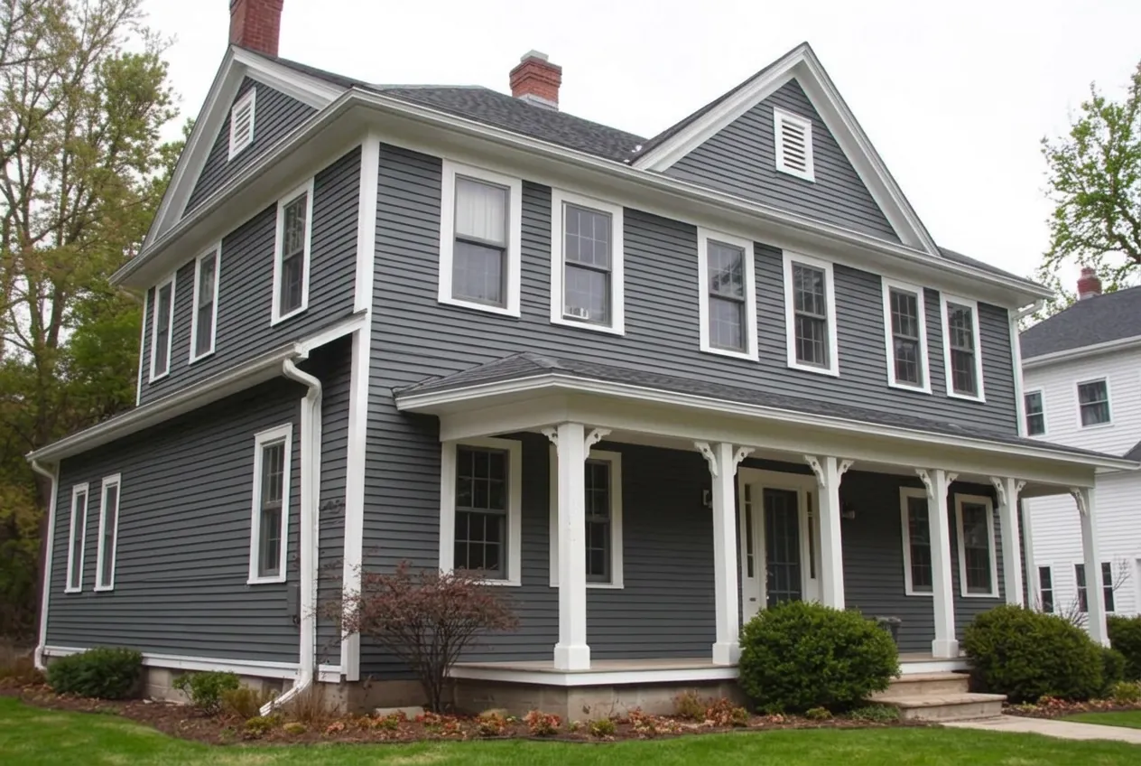 After exterior painting: Scarsdale colonial repainted light gray with white trim and black shutters by Westchester exterior painters