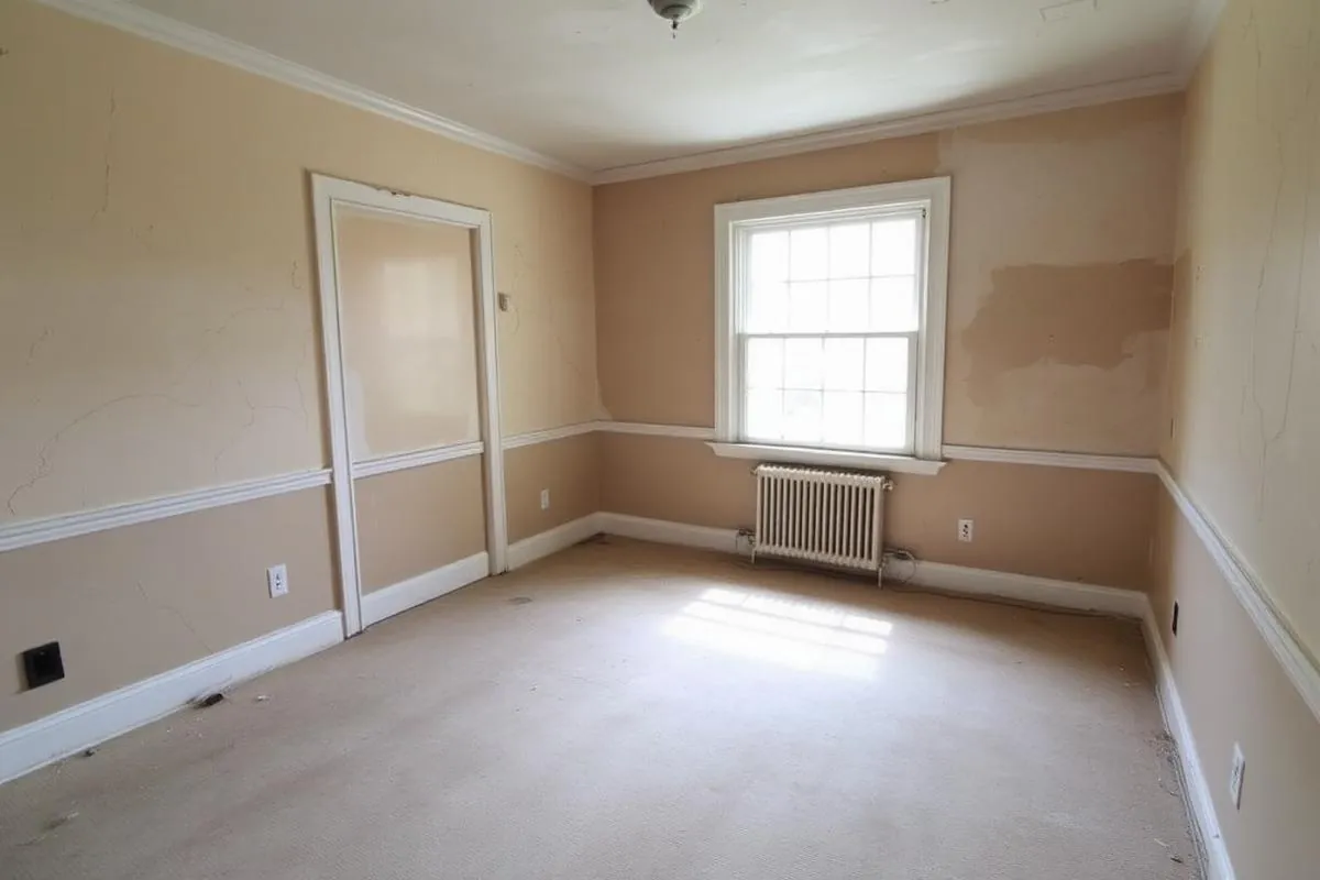 Before interior painting: faded beige living room walls with cracked plaster in a New Rochelle Westchester colonial home