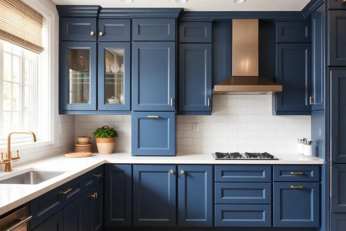 Kitchen cabinets refinished in navy blue with brass hardware by Westchester cabinet painting contractors