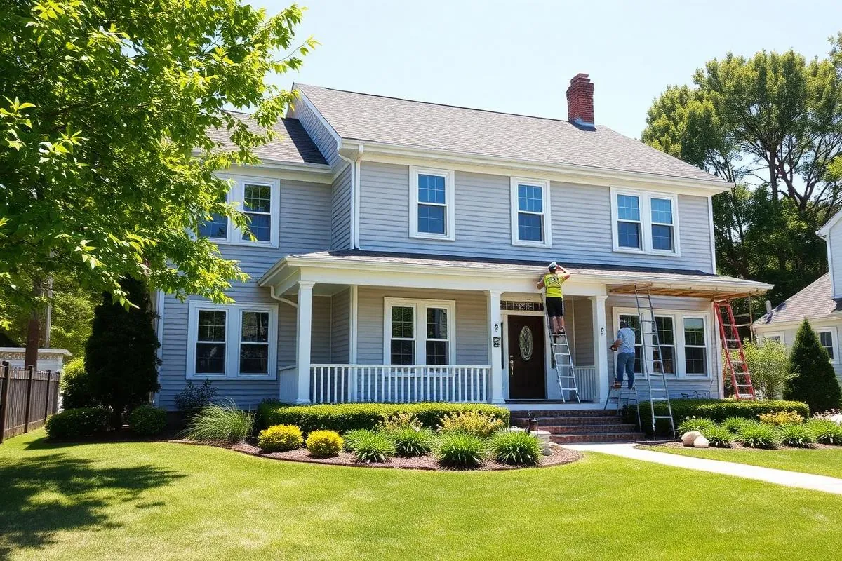 Exterior house painting crew painting a two-story colonial home light gray with white trim in Westchester County
