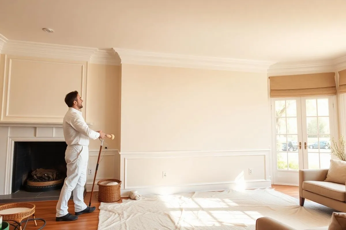 Interior house painter rolling warm off-white paint on a living room wall in a New Rochelle, Westchester home