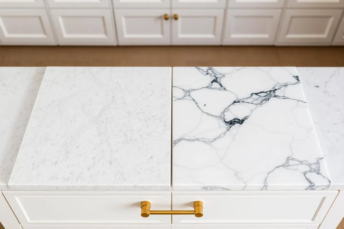 Quartz and marble countertop samples side by side