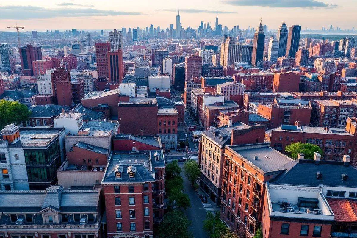 Aerial view of Manhattan brownstones and skyline