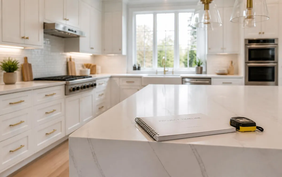 Finished white shaker kitchen with quartz waterfall island and a renovation project timeline notebook