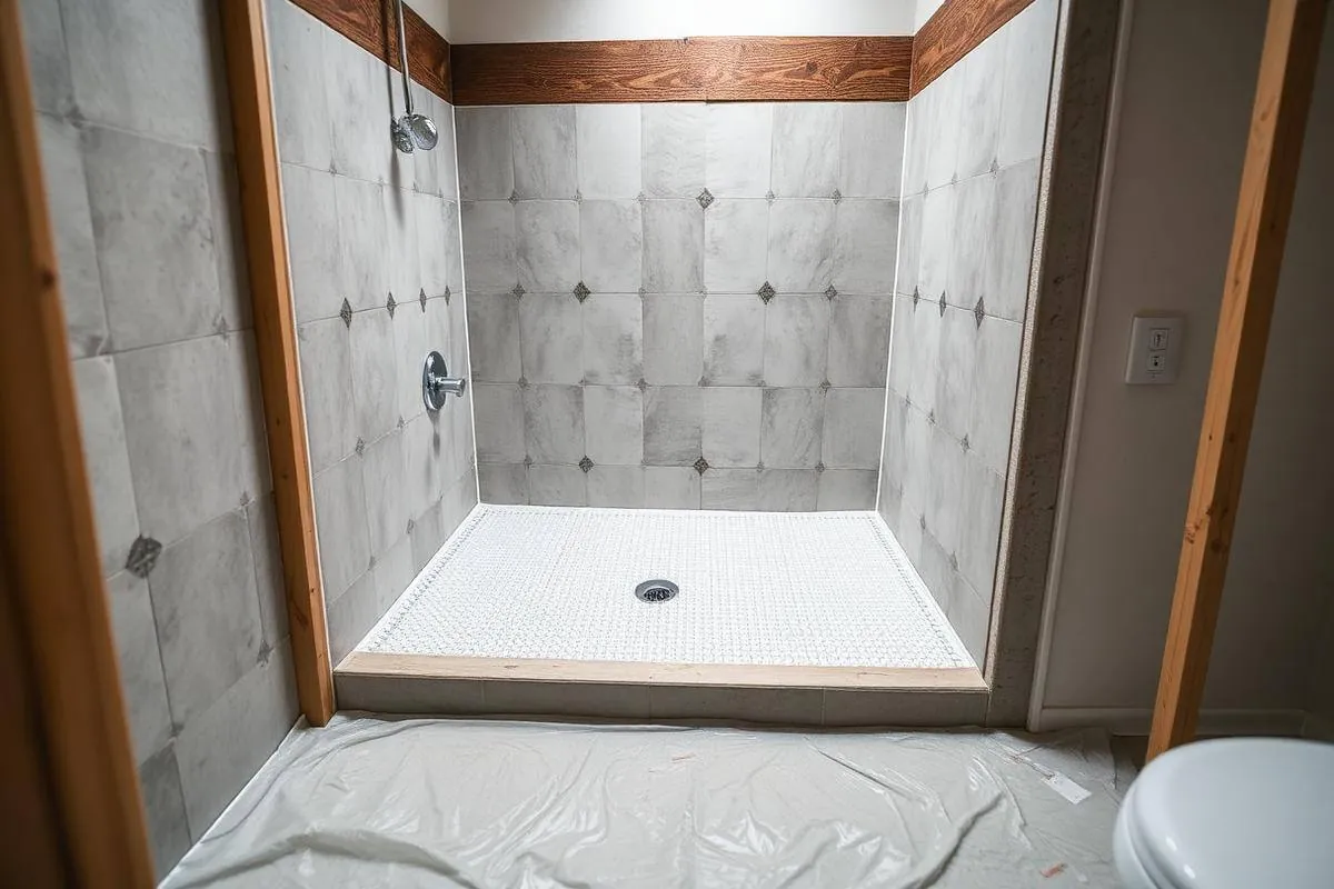 Bathroom under construction showing waterproof membrane and shower pan
