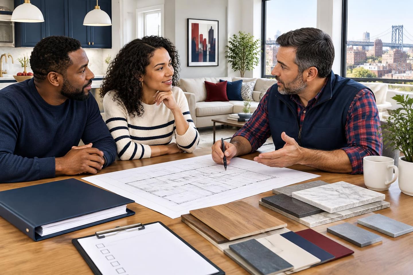 Editorial illustration of a homeowner interviewing a renovation contractor in the Bronx