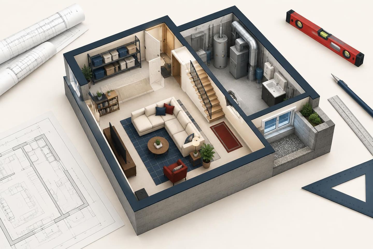 Editorial illustration of basement finishing blueprints and floor plans for a Bronx home renovation