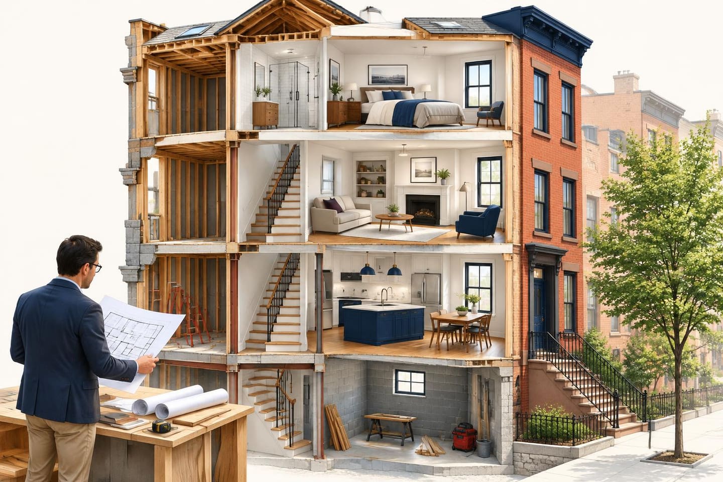 Editorial illustration of a NYC townhouse remodeling project in progress