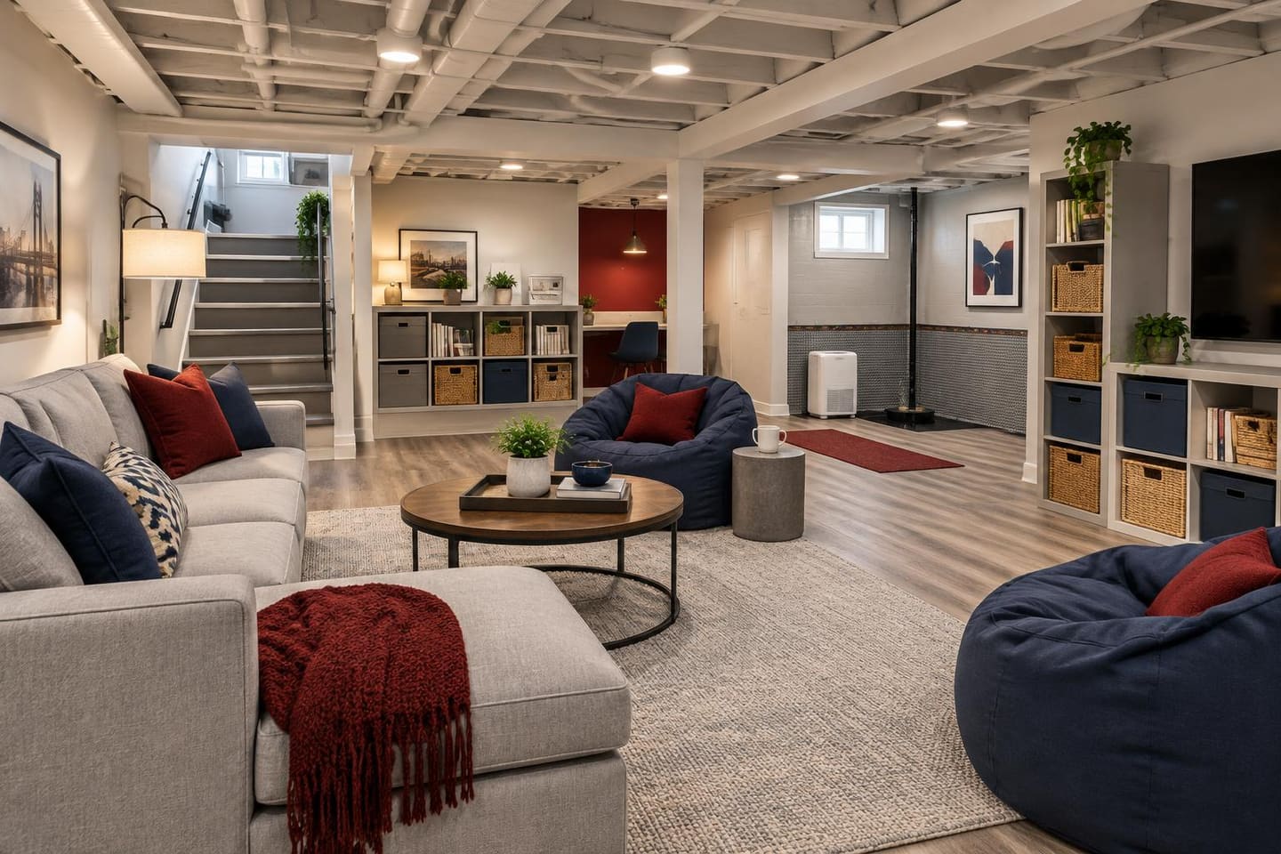 Editorial illustration of budget-friendly basement finishing ideas in a Bronx home