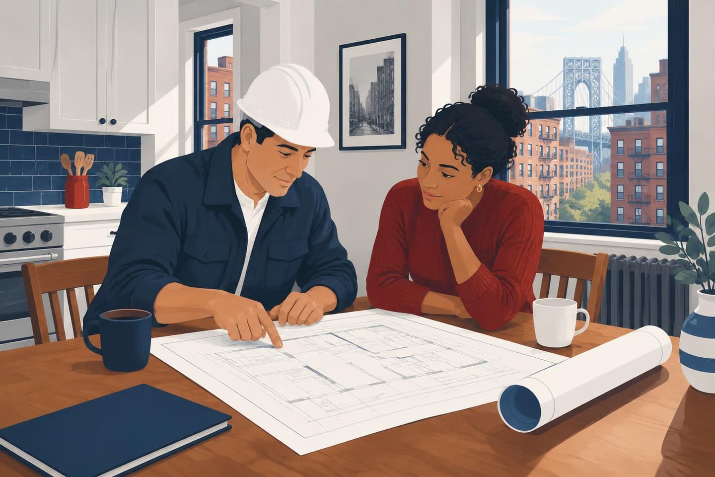Editorial illustration of a general contractor reviewing renovation blueprints with a Bronx homeowner