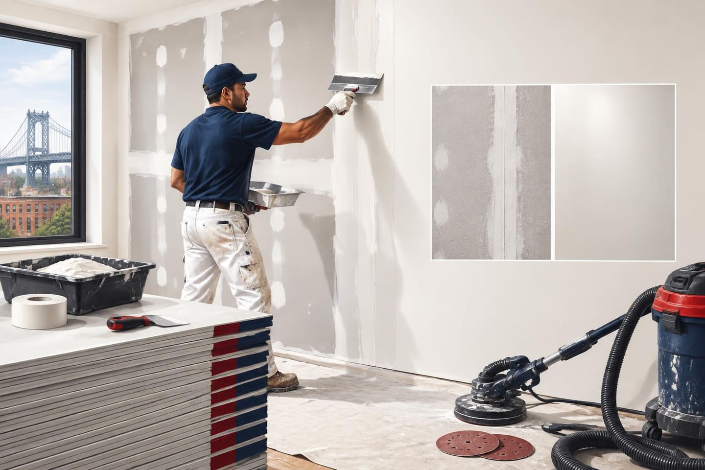 Editorial illustration of drywall finishing work and pricing for Bronx homes
