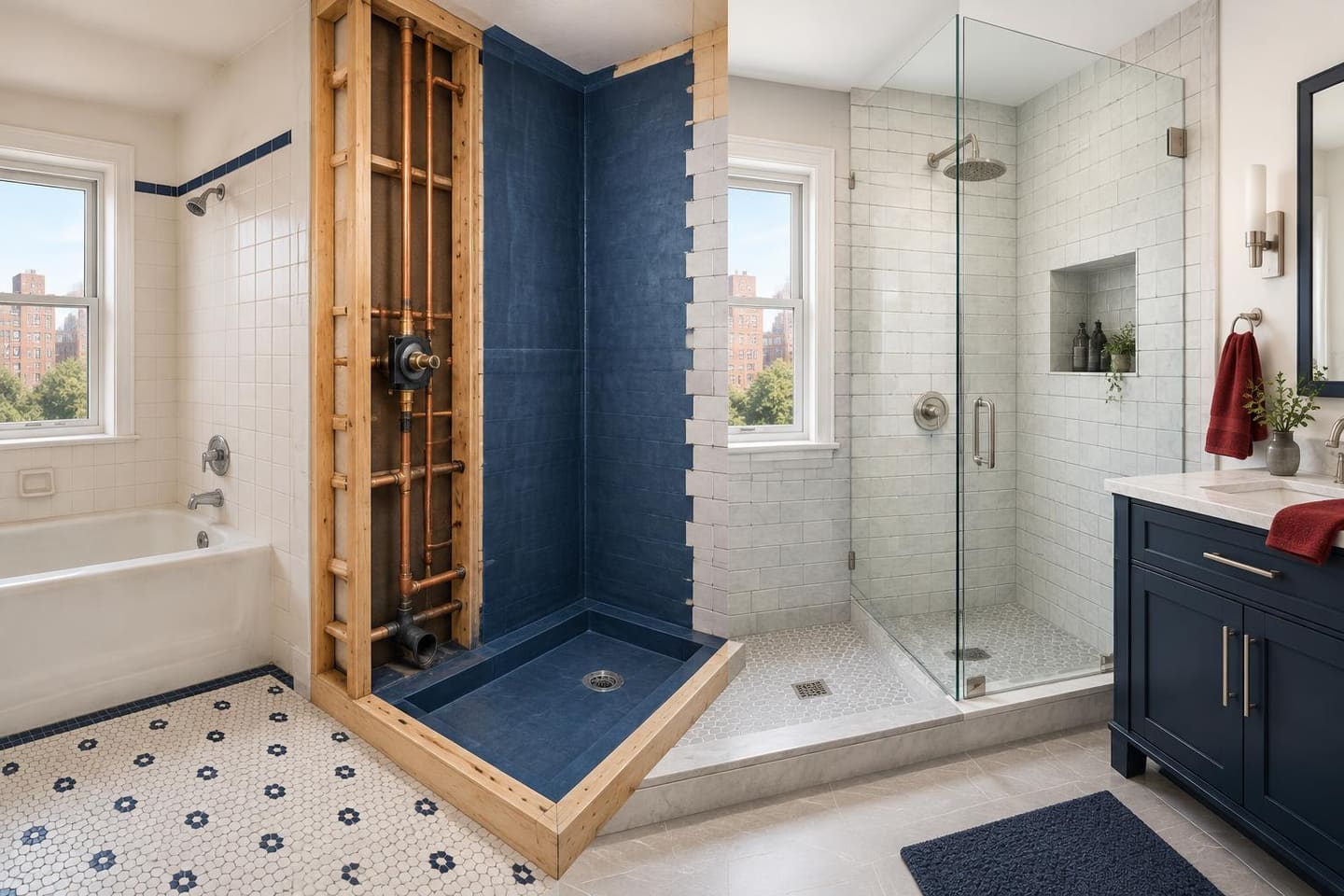 Editorial illustration of a tub-to-shower bathroom conversion in a NYC home