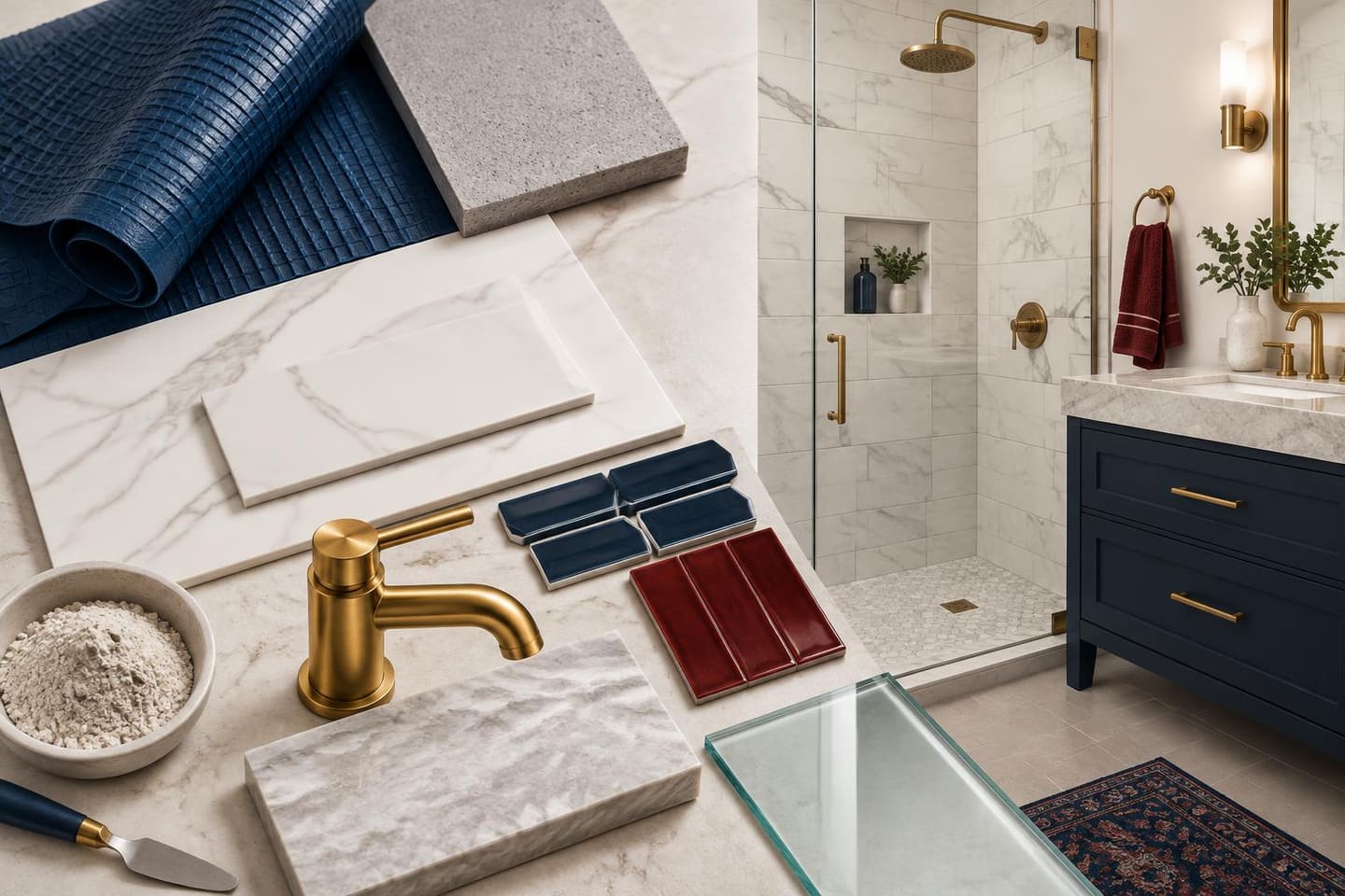 Editorial illustration of bathroom renovation materials: tile, vanity and fixtures for a Bronx remodel