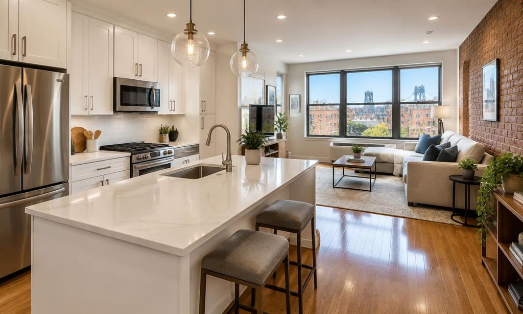 Renovated Bronx apartment with modern white kitchen, quartz island and open living area