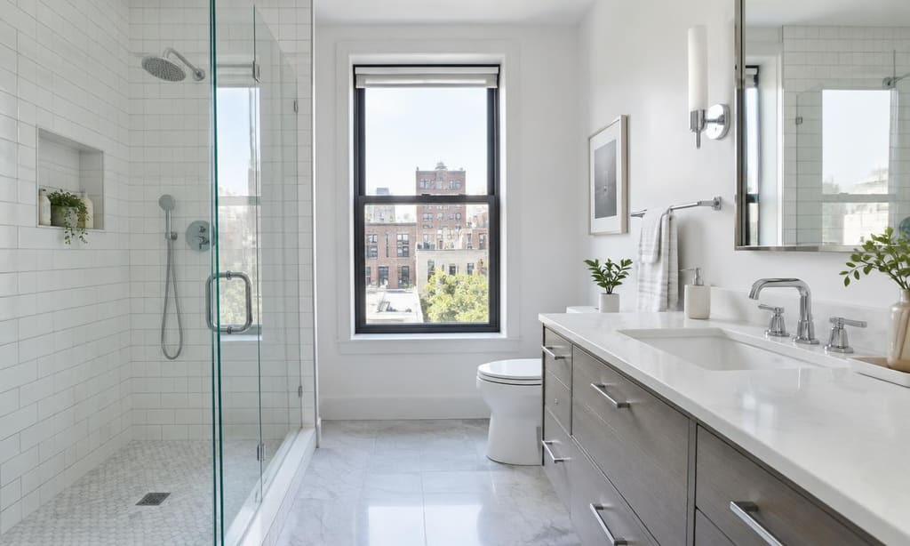 Newly remodeled bathroom in a Bronx home with walk-in glass shower and porcelain tile