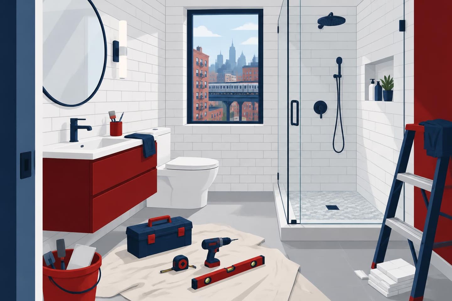 Editorial illustration of a condo bathroom renovation with new tile, vanity and glass shower in the Bronx